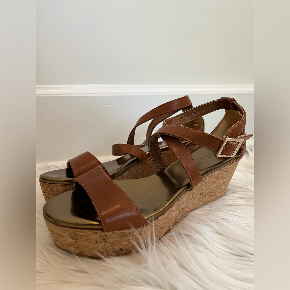 Jimmy Choo | Portia Crisscross Cork Wedge | Canyon Tan Leather | EUC | EU 36.5